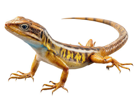 Vibrant Lizard on White: A colorful lizard with intricate patterns and sharp features stands alert on a plain white background, showcasing its unique beauty.