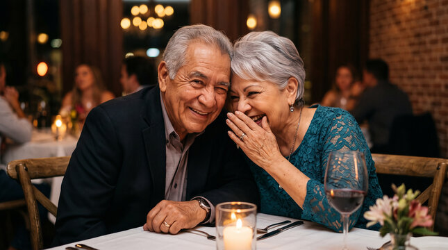 Happy senior couple laughing together at romantic dinner in restaurant