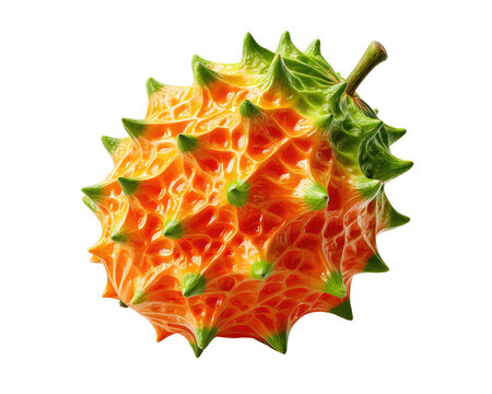 Kiwano Melon: A spiky, horned melon with vibrant orange rind and green accents sits in isolation, showcasing its unique texture and exotic form.