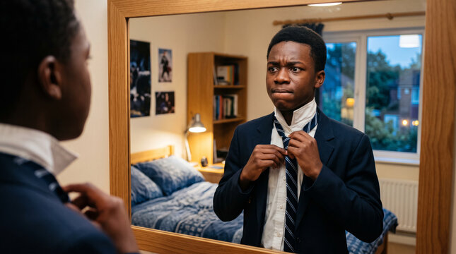 Young man struggling to tie his necktie in bedroom mirror