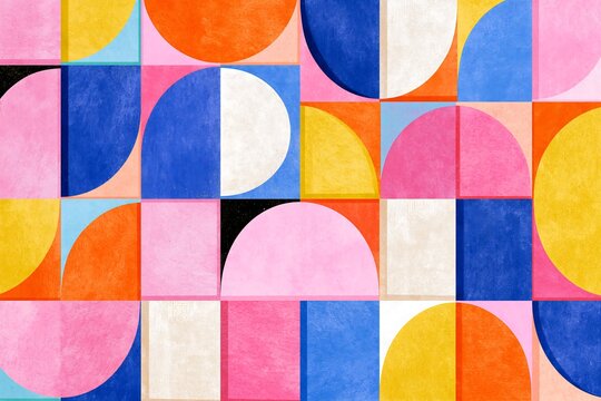 Mid century geometric pattern with semi circles in painted gouache style on textured canvas
