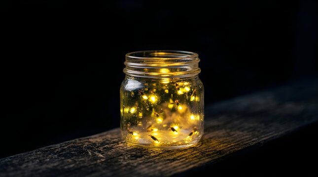Fireflies glowing inside a glass jar on rustic wood at night