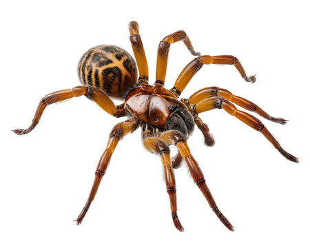 Sydney Funnel-web Spider Close-up: A detailed close-up of a Sydney funnel-web spider, showcasing its dark, segmented body and multiple eyes, perched against a clean white background.