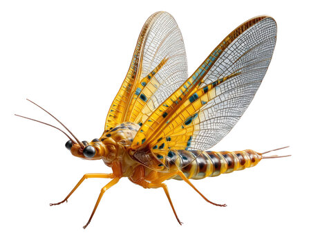 Mayfly Macro Shot: A detailed close-up of a delicate mayfly showcasing its intricate wing patterns and vibrant coloration.