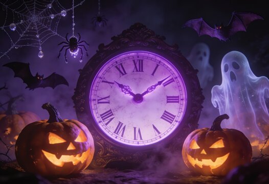 Halloween-themed clock surrounded by jack-o'-lanterns, ghosts, bats, and spiders in a