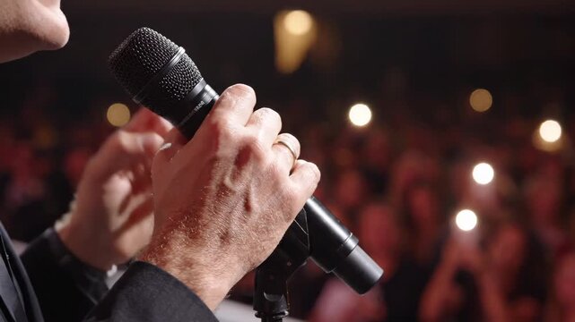 Speaker's hand holding a microphone during a performance or public event.