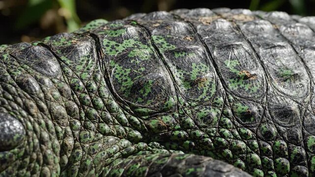 Detailed close-up of a reptile's textured, scaly skin with green and black patterns.