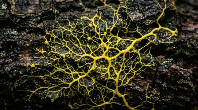 Slime mold network growing on mossy dark tree bark creating intricate natural yellow patterns.
