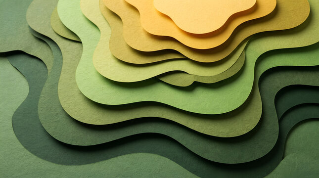 Abstract Layered Paper Cut Topographic Map in Green and Yellow Tones