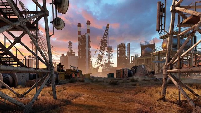 Construction site with equipment and construction machinery. Animation on the theme of manufacturing and industry.	