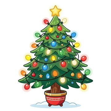 Cartoon decorated Christmas tree with lights and star