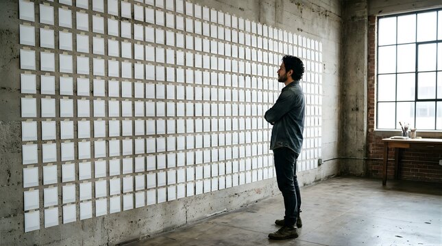 Man looking at empty blank photos pinned on a large studio concrete wall