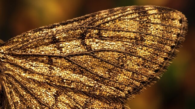 Intricate golden scale pattern on insect wing macro capture with fine vein detail.