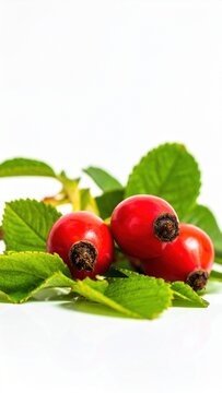 Fresh Red Rose Hips with Green Leaves on White Background - Vibrant and Healthy Natural Fruit Close-Up