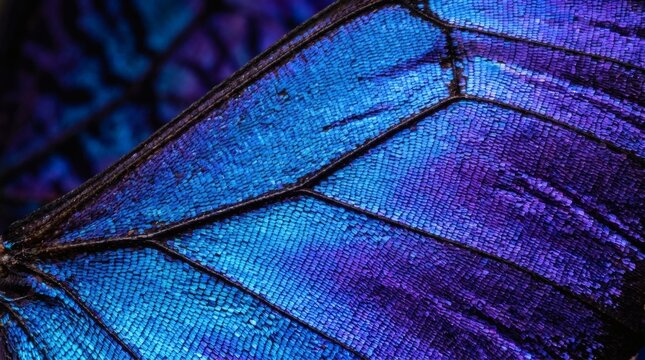 Macro view of morpho butterfly wing scales creating iridescent blue and purple textures.