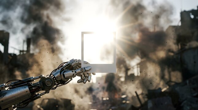 Robotic hand holding an empty photo frame amidst a destroyed city ruins