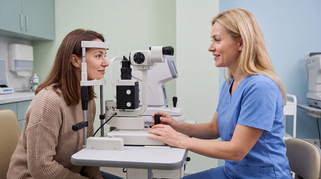 Ophthalmologist checking a smiling woman's vision with an autorefractometer during a checkup. Eye doctor, vision test and eye health examination concept
