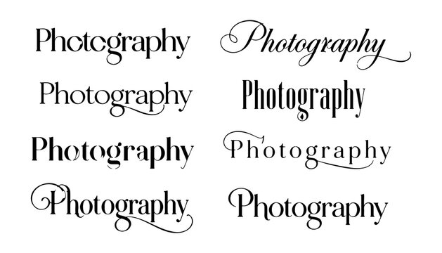 Photography Word Repeated in Various Elegant and Decorative Script Fonts for Design Purposes Featuring Typography, Font