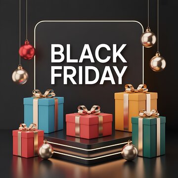 Black Friday sale event presents with festive ornaments and golden ribbons on a dark background