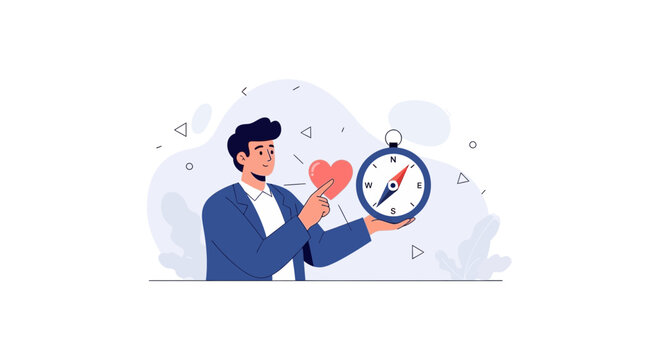 Man with Compass and Heart, Concept of Finding True North in Life, Love, or Career Path