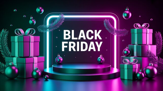 Black Friday sale promotion featuring gift boxes and decorative ornaments with neon lighting