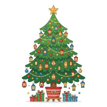 Cartoon Christmas tree with lanterns and gifts