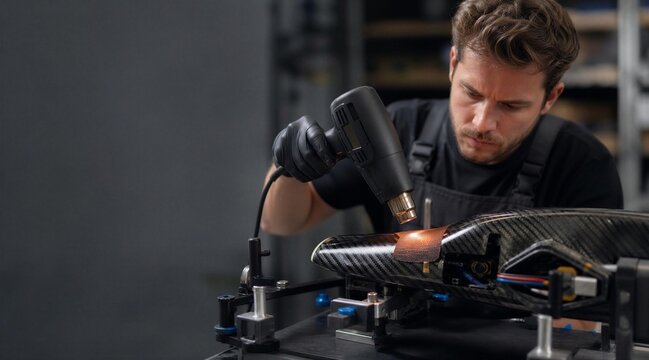 Technician Applying Heat Gun to Carbon Fiber Component