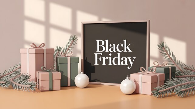 Festive Black Friday scene with gift boxes and fir branches for holiday shopping promotions