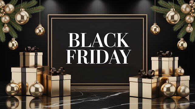 Luxurious Black Friday sale event displayed with golden gift boxes and festive ornaments surrounding text