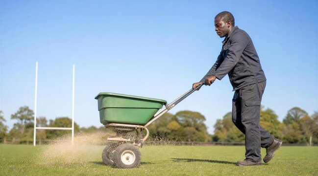 Groundskeeper Spreading Fertilizer on Rugby Pitch