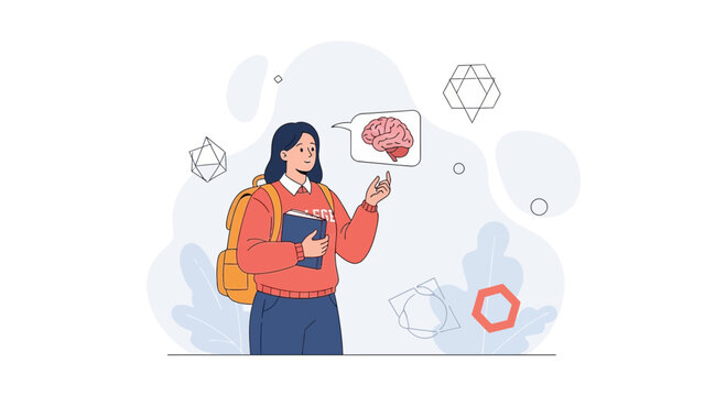 Student thinking about education, knowledge, and brainpower with abstract geometric shapes and plants in the background.
