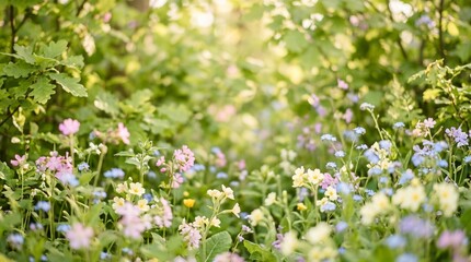 Fototapeta premium Cheerful meadow in lush green forest featuring spring flowers blooming