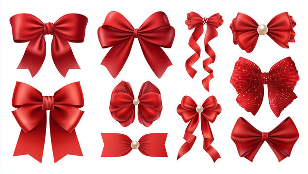 set of red gift bows isolated on a white background, vector illustration design with different types and shapes of realistic, elegant ribbon bows for decoration, print or web banner template, collecti