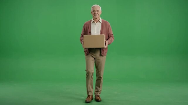 Smiling senior man holding a cardboard box while walking towards the camera on a green screen.