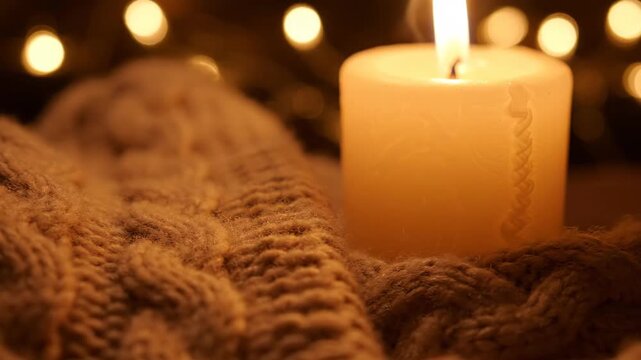 Warm lit candle on a cozy knitted blanket with festive bokeh lights.