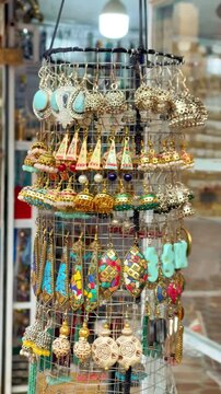 Colorful Traditional Pakistani Handmade Earrings Display at Lok Virsa Museum in Islamabad, Cultural Souvenir Shop