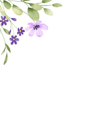 Floral background, violet wild flowers frame border for greeting cards, invitations and other printing design. Isolated on white. Hand drawing. © Larisa