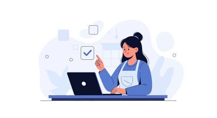 Fototapeta premium Woman checking tasks on laptop, vector illustration for checklists, planning, productivity, and success
