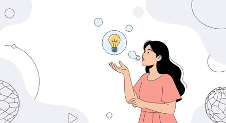 Fototapeta premium Woman Blows Bubble With Lightbulb Idea, Symbolizing Creativity, Innovation, and Eureka Moment