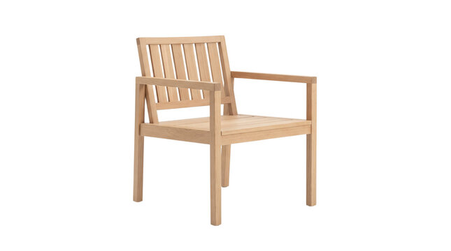 Teak outdoor armchair with slatted backrest, modern wooden patio chair, minimalist garden furniture on white background