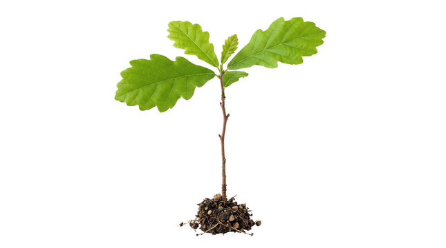 Young oak tree seedling growing from soil, small green plant sprout on white background, concept of growth and ecology