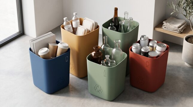 Colorful waste bins separated by material type for efficient sustainable home waste management solutions with distinctively colored recycling