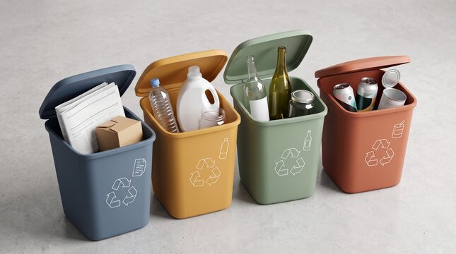 Four colored recycling bins organized by material type for efficient waste management with household waste with filled sorted household