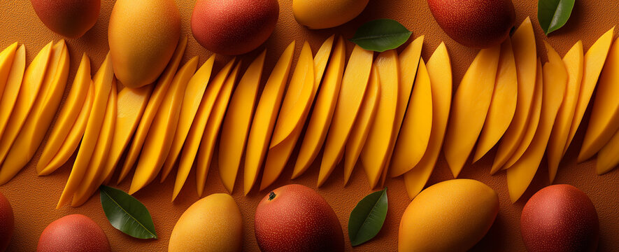 -mango slices and mangoes carved into geometric shapes on a white background. a tropical fruit that is yellow with orange to red hues, a soft texture, a sweet taste, and an amazing aroma. top view of 