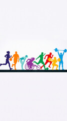 Fototapeta premium Diverse sports silhouettes in vibrant colors on a white background, representing athleticism, competition, and inclusion, perfect for motivational themes.
