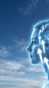 Blue toned profile of a human head with glowing brain and white arrows symbolizing progress and thought, set against a sky with clouds. Representative of intellect and advancement.