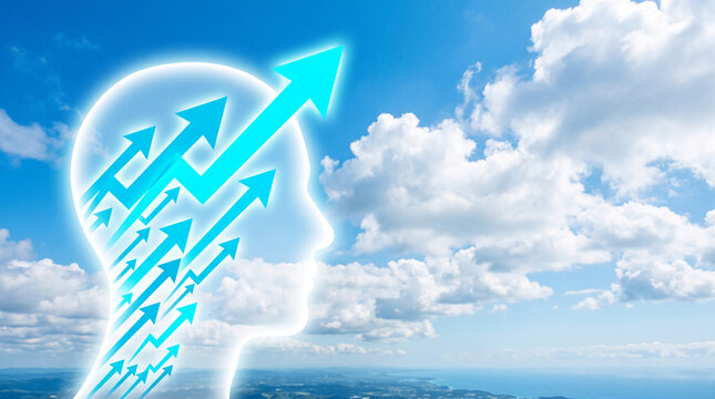 Head silhouette with rising blue arrows against sky, symbolizing growth, progress, and bright ideas, representing success and inspiration