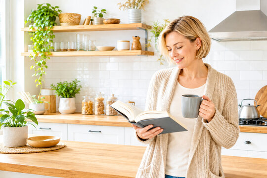 Woman Reading a Book and Enjoying Coffee in a Bright Modern Kitchen at Home
