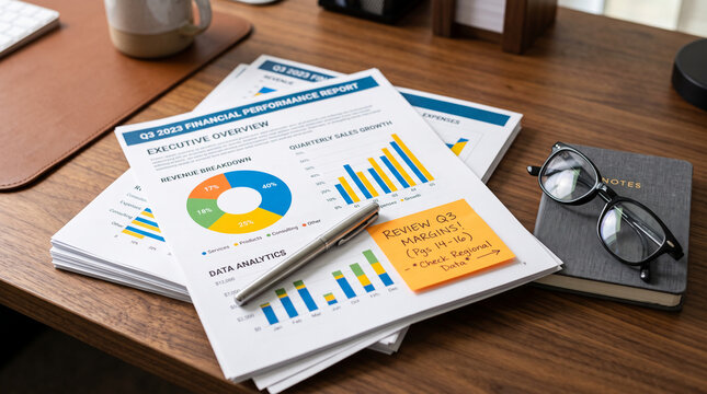 Financial reports with charts and graphs, a pen, glasses, and a notebook on a wooden desk, symbolizing business analysis and productivity