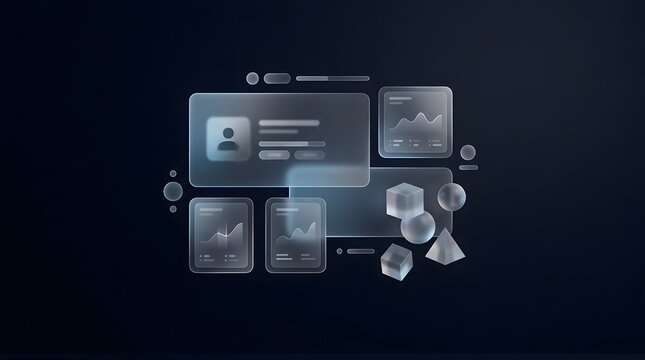 Glassmorphic UI dashboard and 3D shapes on a dark background